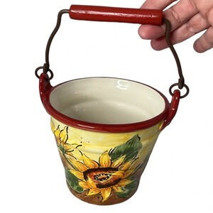 SUNFLOWER Painted Ceramic Bucket Planter With Metal and Wooden Handle Deep Red